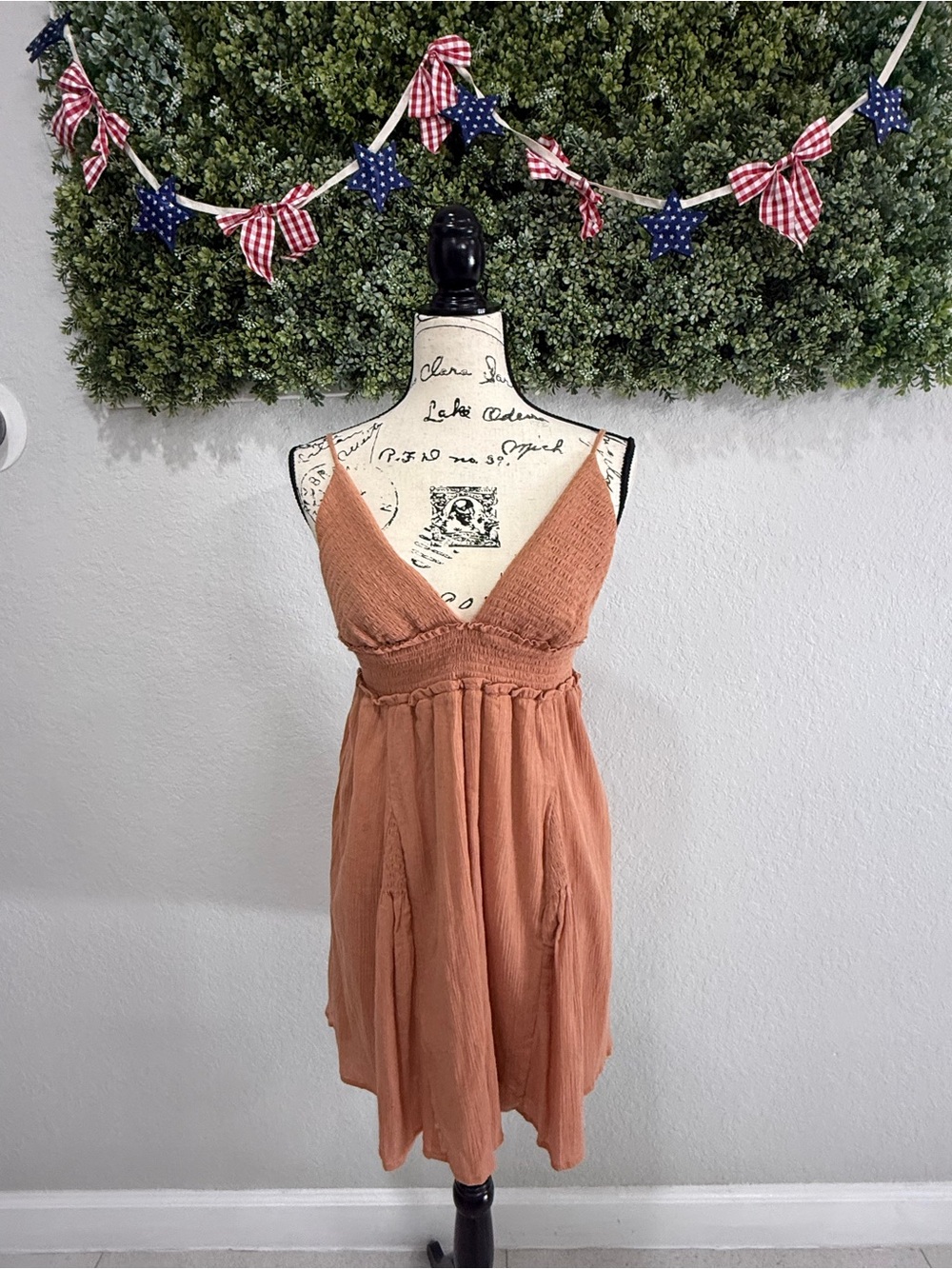 Smocked Rust-Orange Midi Dress with Spaghetti Straps